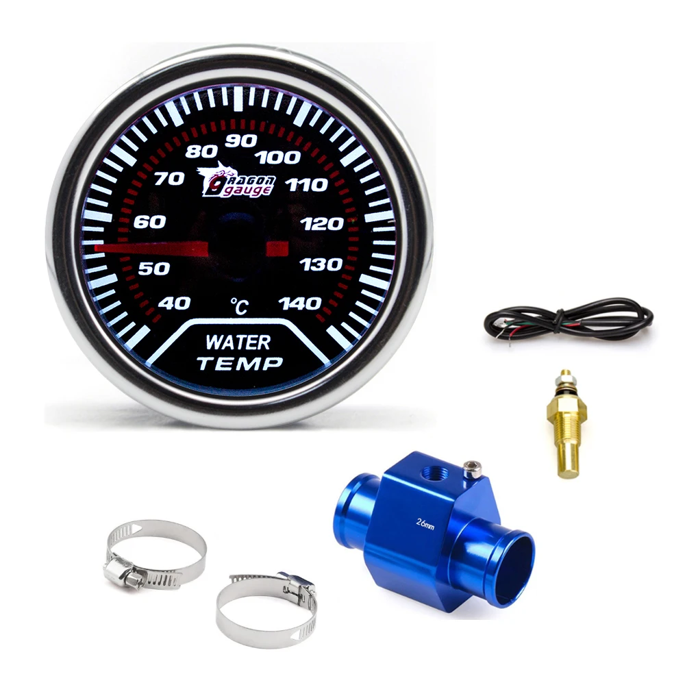 52mm Car Water Temperature Gauge 40~140 ℃ With 1/8NPT Water Temp Sensor Water Temp Joint Pipe Sensor Adapter 26~40mm Car Meter