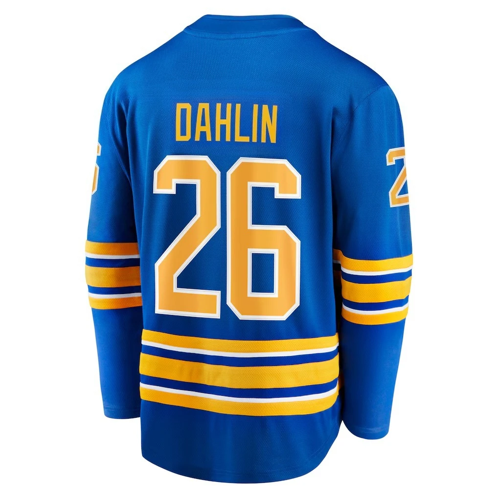 قميص الهوكي - أزرق مع لمسات صفراء/بيضاء "Dahlin 26" Captain "C" Buffalo Bison Logo Athletic Jersey 3d HD Prints