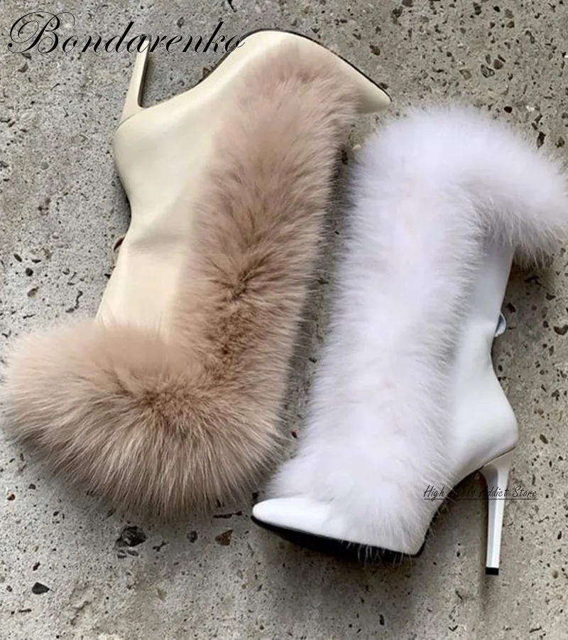 White\\Beige Fur Mid Calf Boots Women High Heels Pointed Toe 2024 New in Winter Warm Boot Luxury Designer Big Size Sexy Shoes