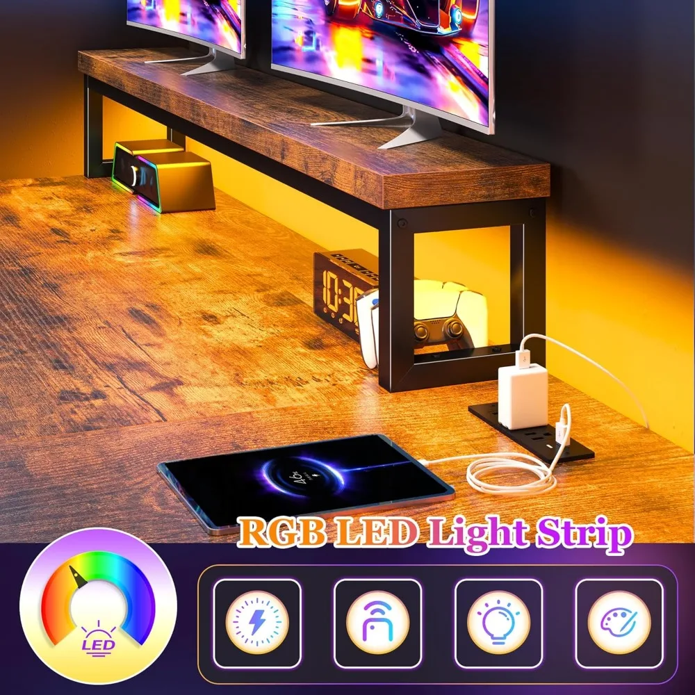 L-Shaped Gaming Desk with LED Lights and Power Outlet, 48-Inch Corner Computer Desk with Drawers, Reversible Office Desk