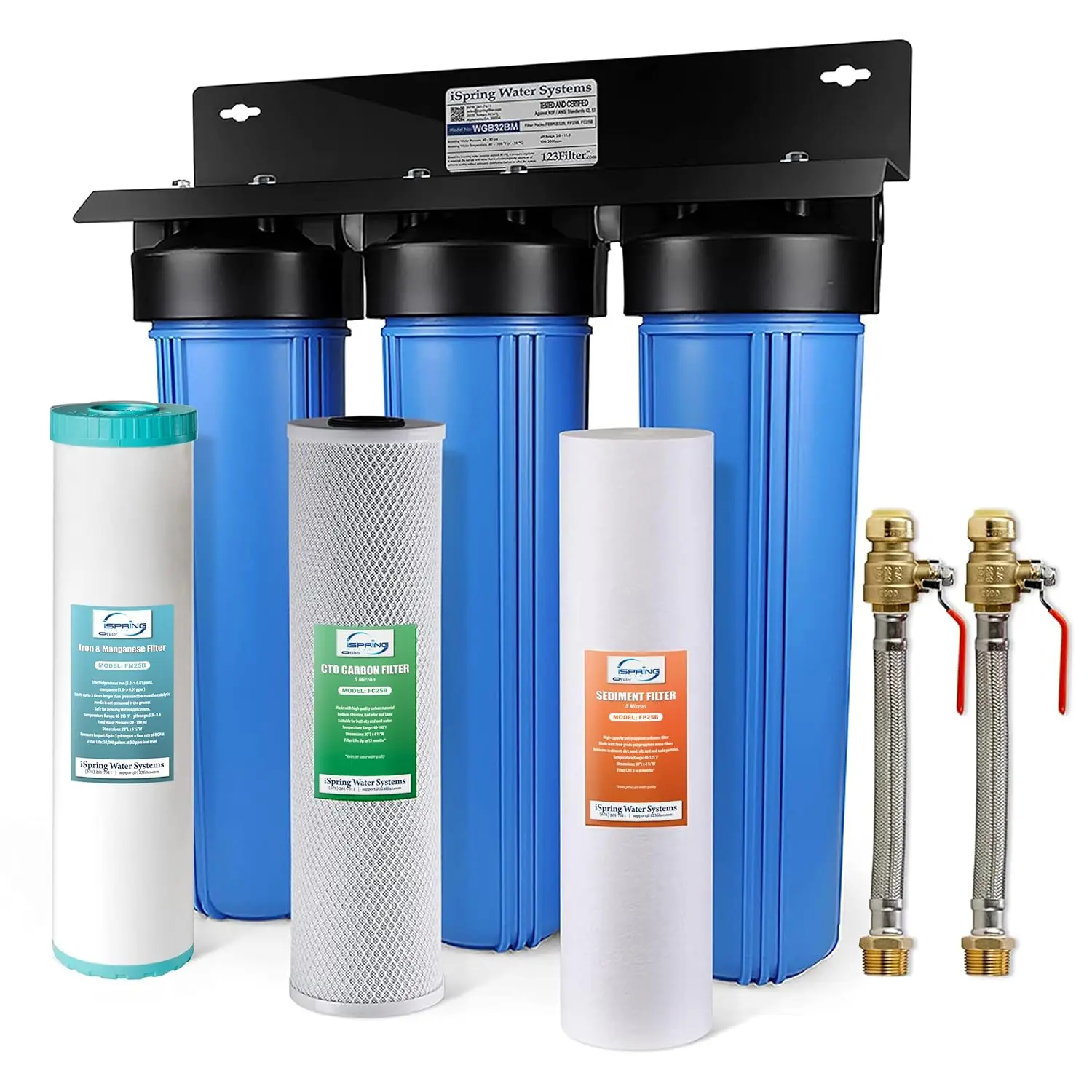 32BM 3-Stage Whole House Water Filtration System (w/ 20” x 4.5” Sediment, Carbon, and Iron & Manganese Reducing