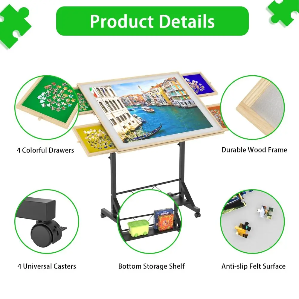 Wooden 1500 Piece Puzzle Table with Drawer, 35"*27.17" Adjustable Puzzle Table, 360° Tilting Puzzle Table with Legs and Wheels