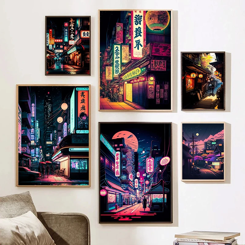Pósteres y Láminas de Calles Nocturnas de Tokio, Japón, Arte Pop Neon Vaporwave, Cuadros en Lienzo para Decoración de Sala de Estar