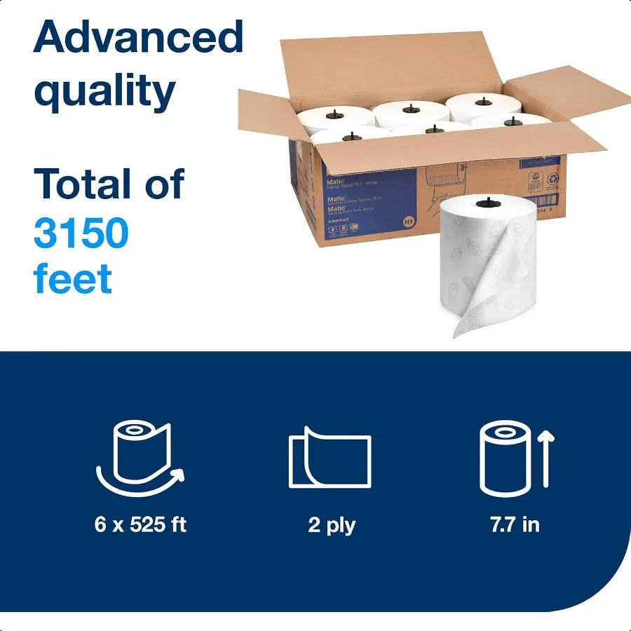 Rollo de toalla de mano Matic blanco con hoja gris Advanced H1 100 fibra reciclada alta absorción capacidad media 2 capas 6 rollos x 525 pies