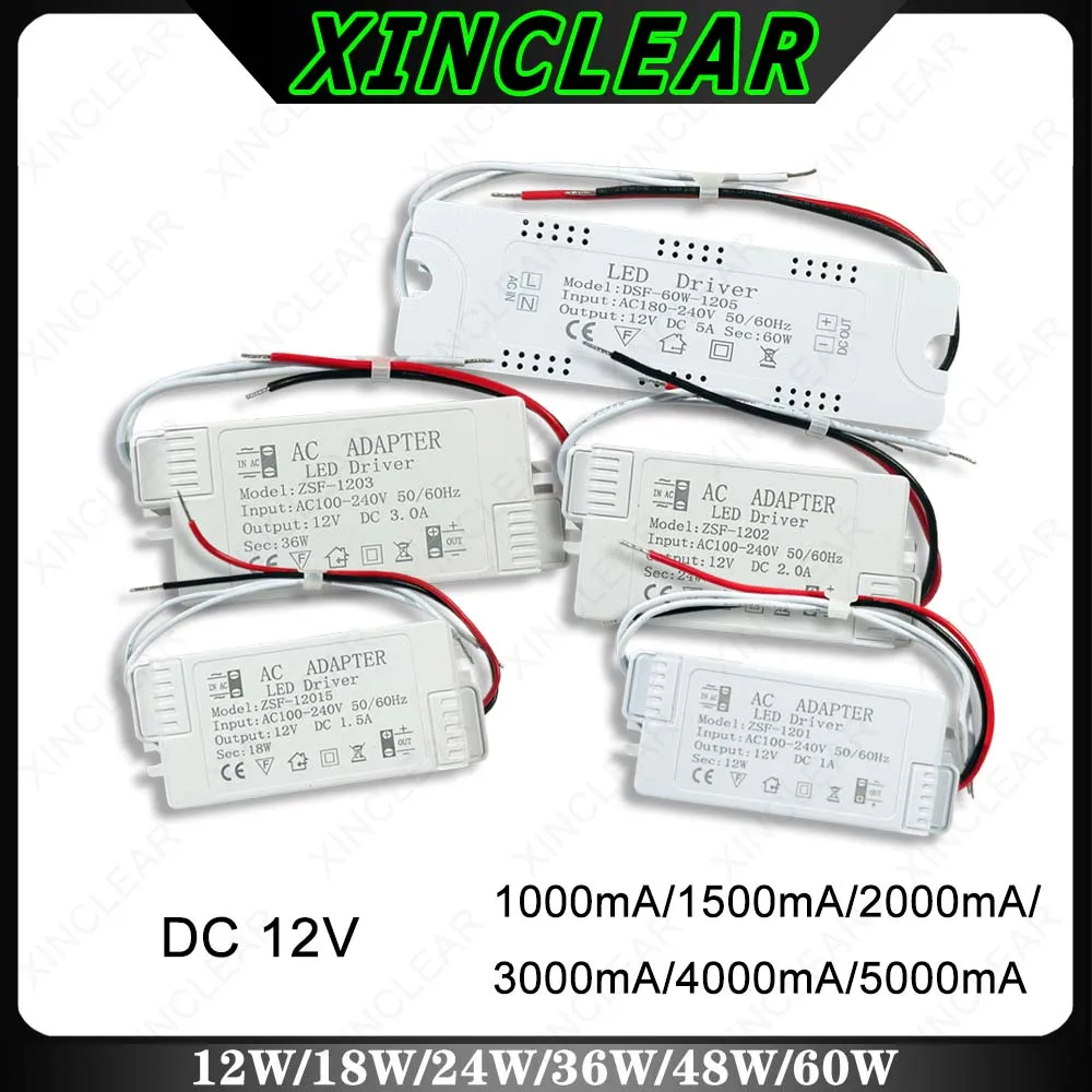 DC12V LED Driver 1000mA 1500mA 2000mA 3000mA 4000mA 5000mA Lighting Transformers For 12W 18W 24W 36W 48W 60W Power Supply