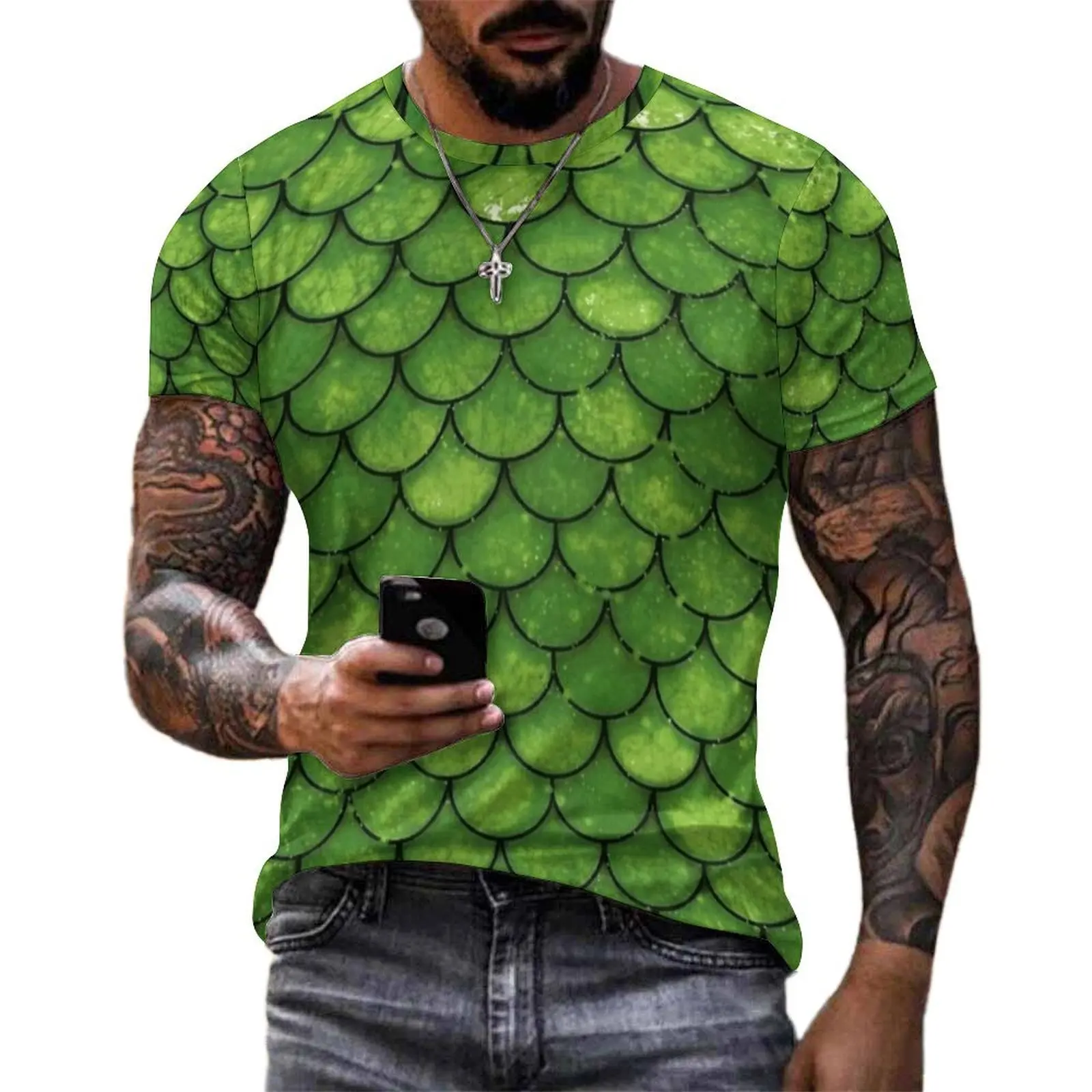 Men Lime Green Mermaid Scale T Shirt  Hippie T Shirts Short Sleeves Graphic Tops Wholesale Summer Streetwear Plus Size Clothing