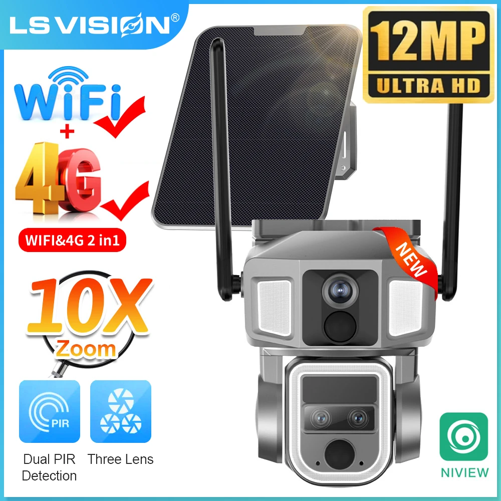 LS VISION 6K 4G SIM&WIFI Solar Camera Outdoor Dual Screen 12MP Multi-lens PTZ Camera 10X Zoom PIR Detection CCTV Security Camera