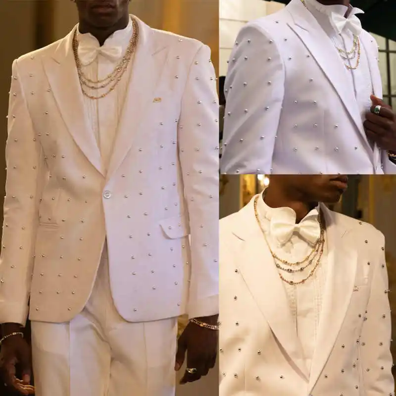 

Fashion Pearls Men's Suits Peaked Lapel One Button Groom Wedding Tuxedos Plus Size 2 Pieces Customized Jacket