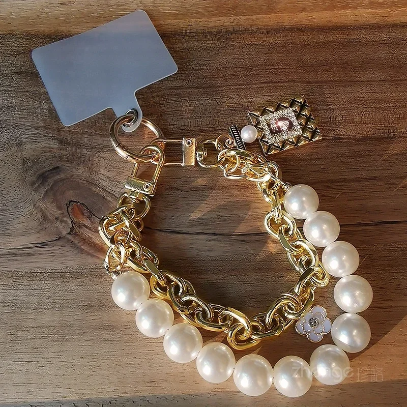 Mobile Phone Lanyard No. 5 Hanging Tag Pearl Double Chain Short Wrist Strap Women's Handmade Pearl Chain Clip Universal Strap