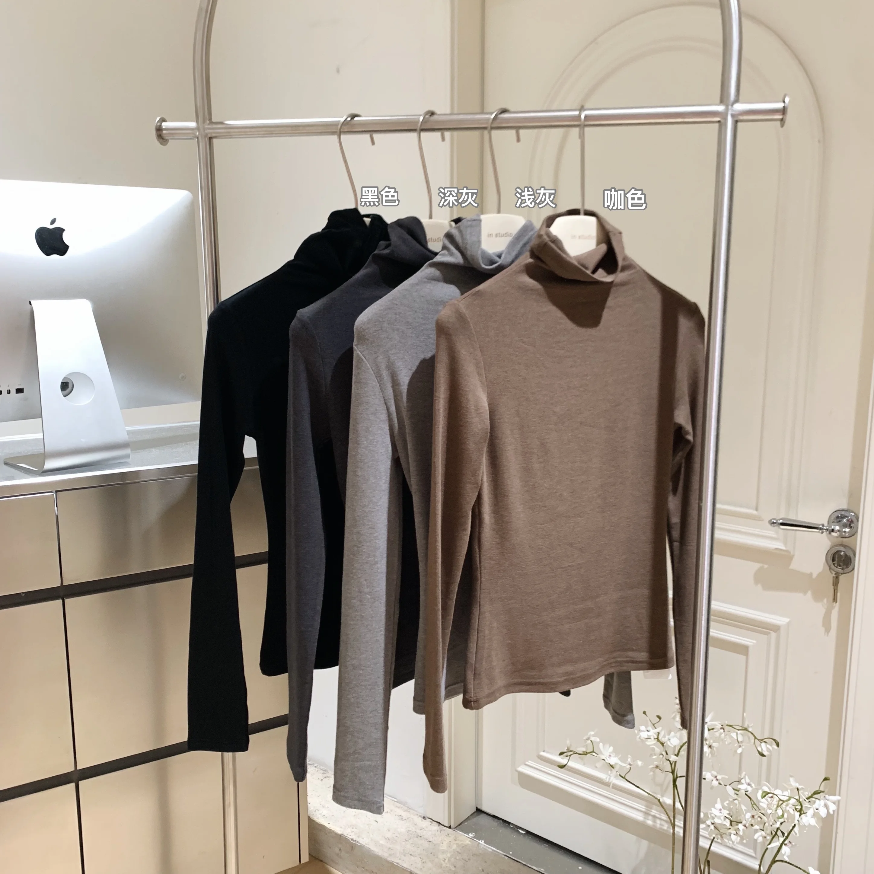 المرأة الخريف الشتاء مريحة الياقة المدورة طويلة الأكمام ضئيلة تي شيرت سيدة بلون لمط البلوز الأساسية المحملة الأعلى