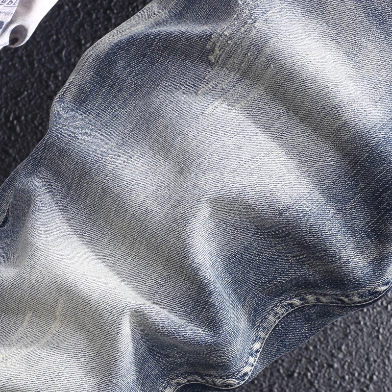 Italian style fashionable men's jeans retro light blue elastic slim fit slit jeans men's pants retro designer slit denim pants H