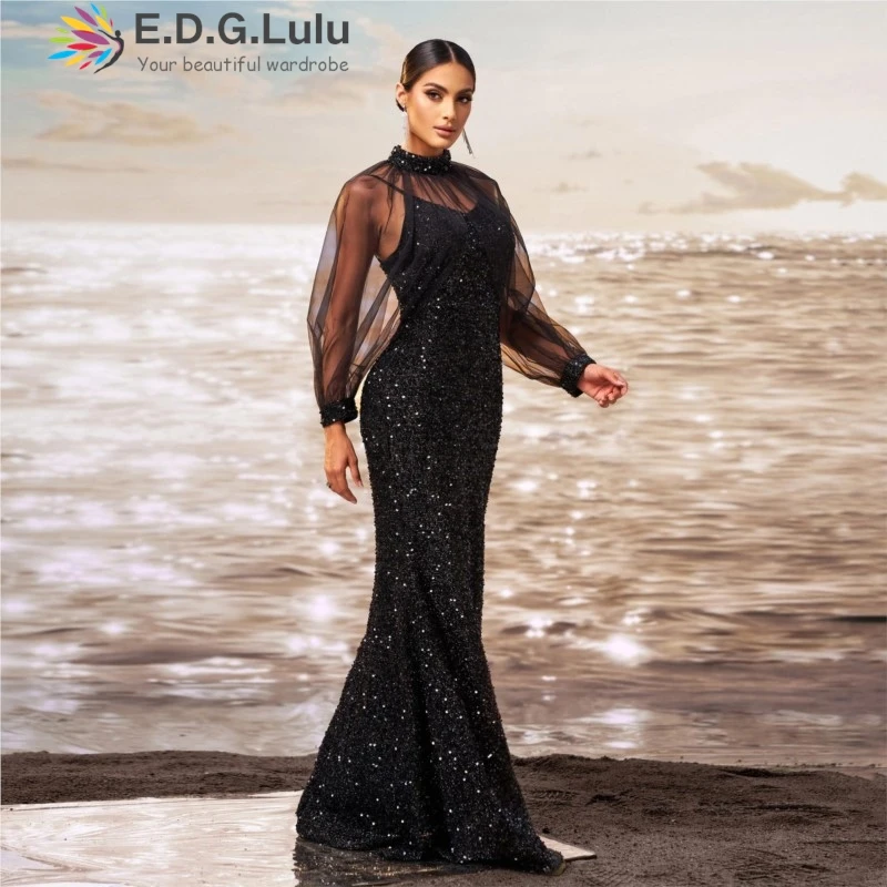 EDGLuLu Round Neck See Through Mesh Patchwork Black Sequins Birthday Dress Woman Long Floor Length Party Evening Dress 1214