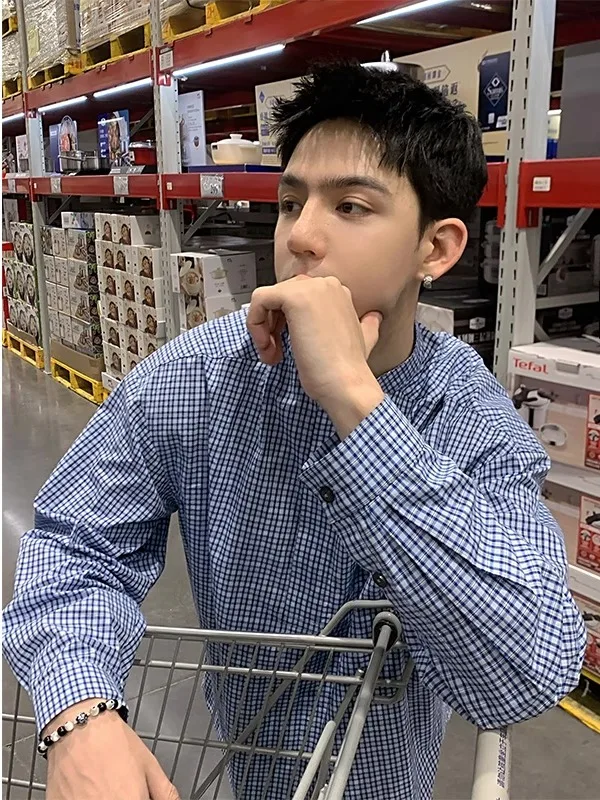 

Мужская рубашка TANGZ Studio в американском ретро-стиле, синяя в клетку, с длинным рукавом, свободного кроя, осенняя, повседневная