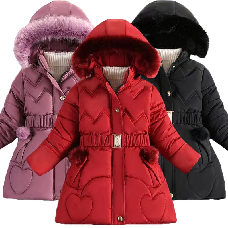 3-8 Years Winter Keep Warm Girls Jacket Love Heart Pattern Small Ball Decoration Removable Hood Lined With Padded Hooded Coat