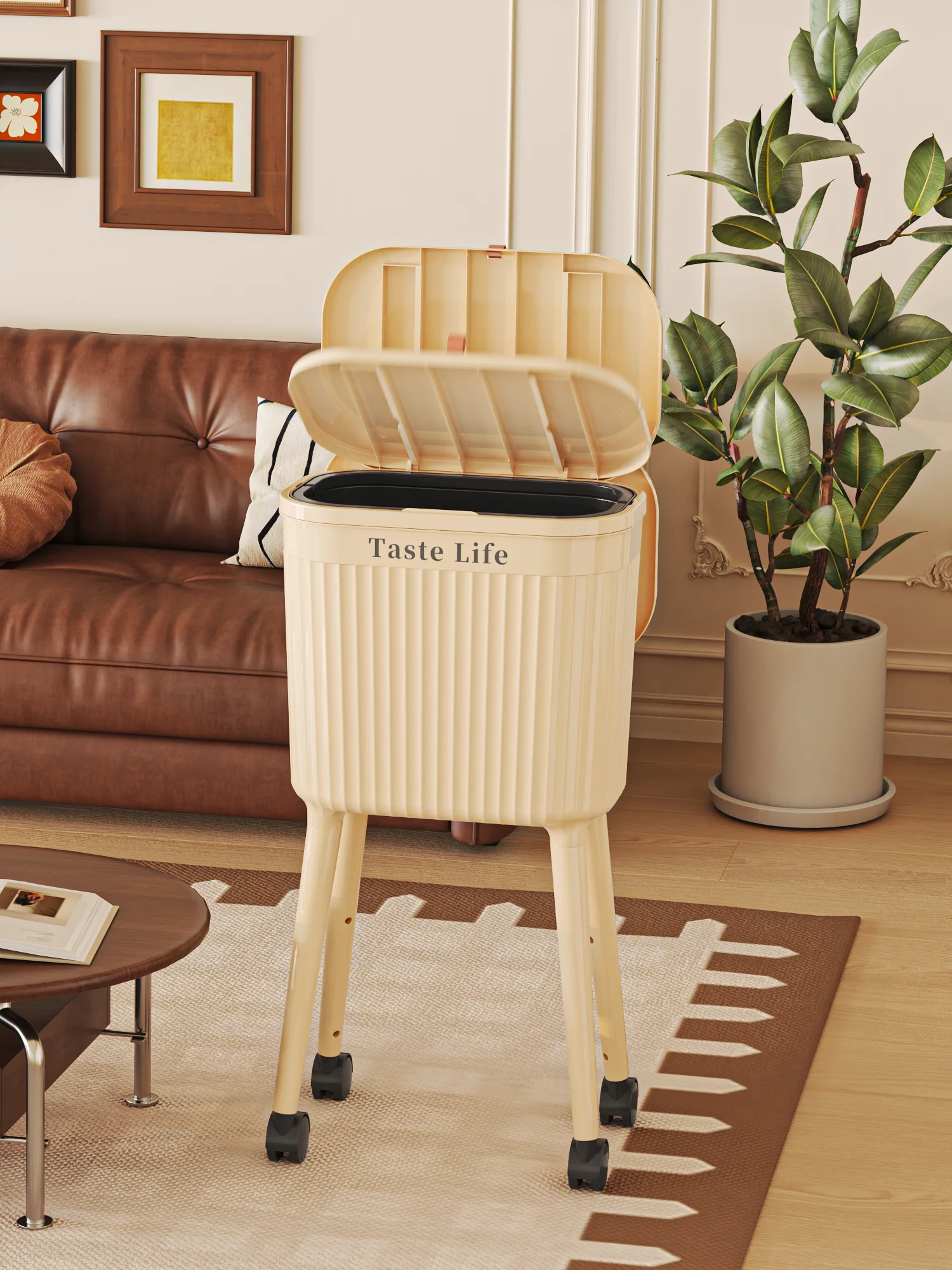16L Tall Movable Standing Trash Can with Wheels Sliding Lid And Removable Inner Bucket for Kitchen Home Use