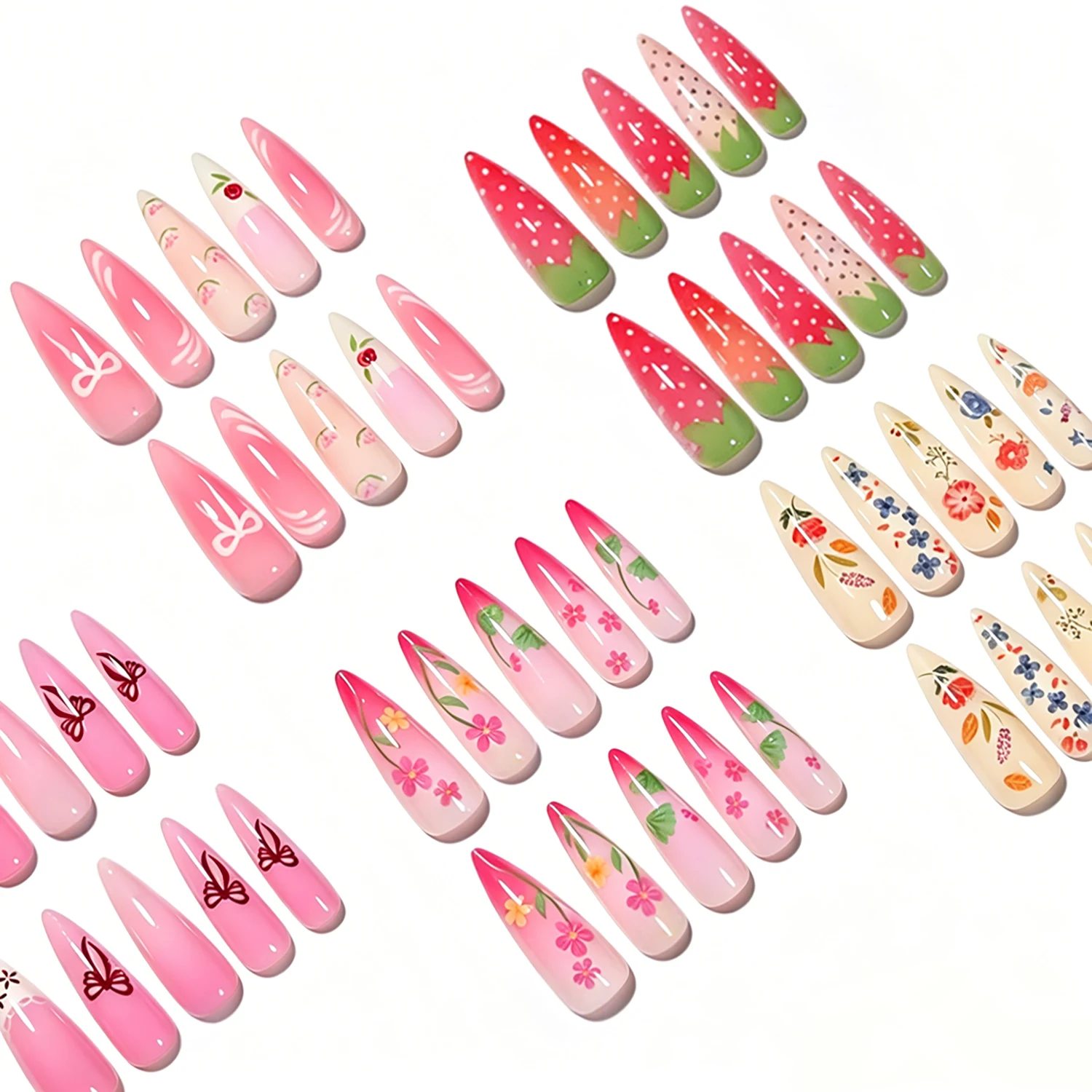 120Pcs Long Almond Press On Nails Mixed 5 Styles Bow Floral Strawberry Full Cover Acrylic Fake Nails Summer Y2K Sweet False Nail view 6