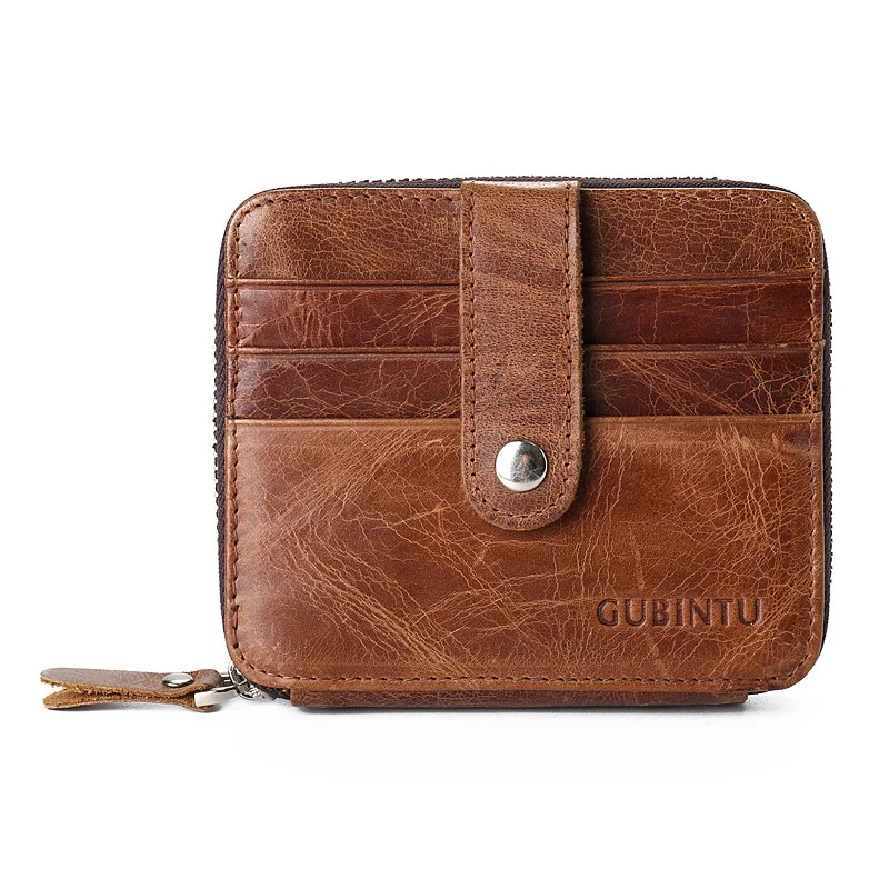 

Vintage Men Zipper Card Holder Cow Leather Coins Wallet Small Money Change Bags Retro Brown Credit Cardholder Carteira Masculina