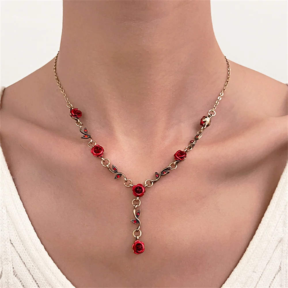 Vintage Red Rose Flower Necklace Bracelet Earring Jewelry Set for Women Tassel Earring Clavicle Chain Wedding Engagement Jewelry