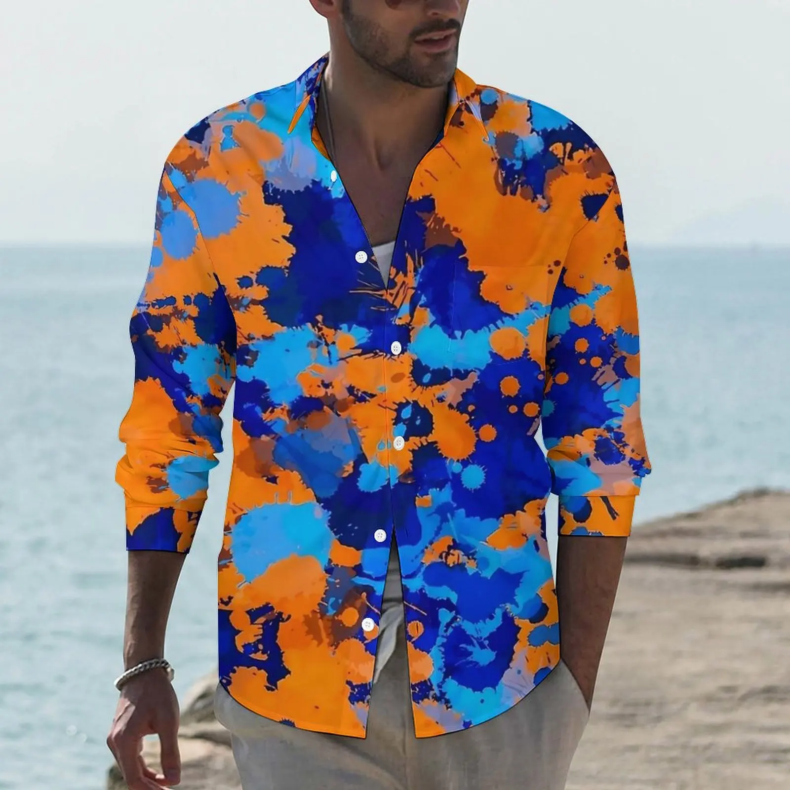 

Blue And Orange Graffiti Shirt Mens Paint Splatter Casual Shirts Spring Aesthetic Blouses Long Sleeve Vintage Oversized Clothes