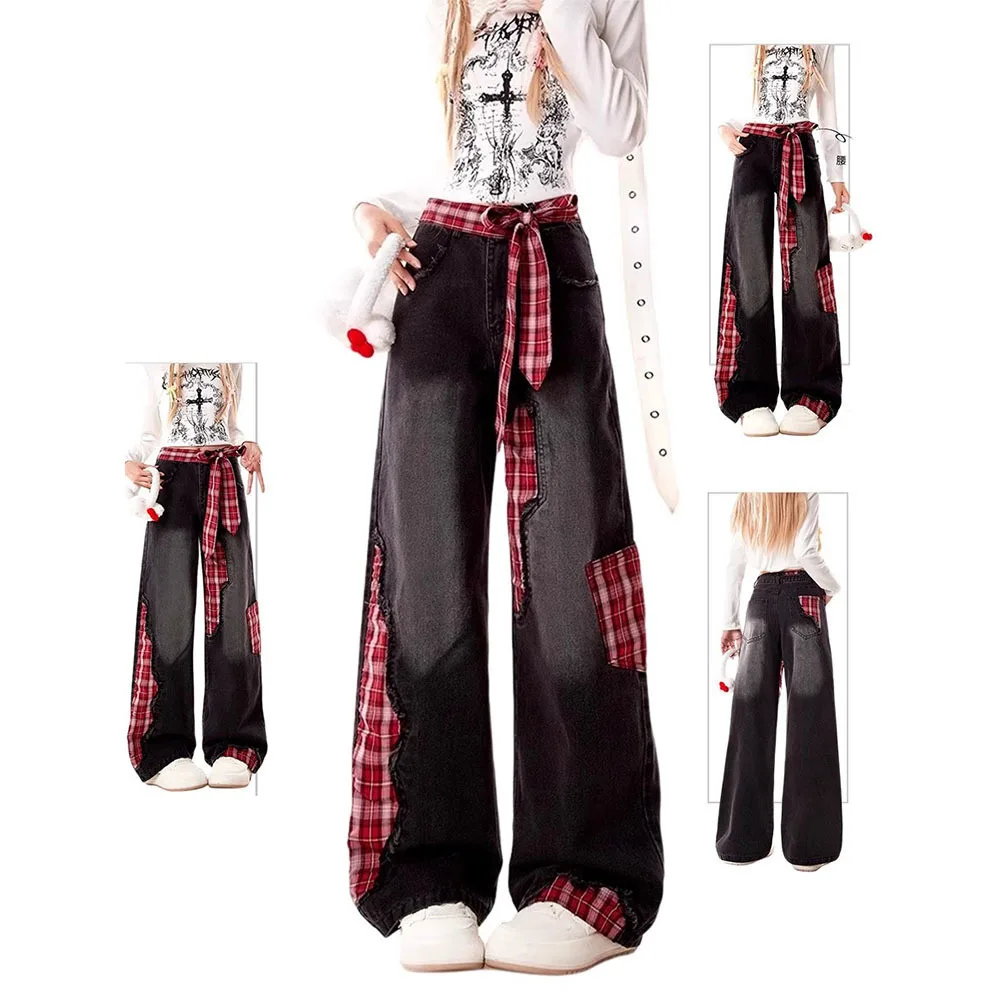 

American Style Retro Bow Lace-up Jeans Women Grid Spliced Harajuku Y2k Loose Casual Wide Leg Pants Female Fashion Denim Trousers