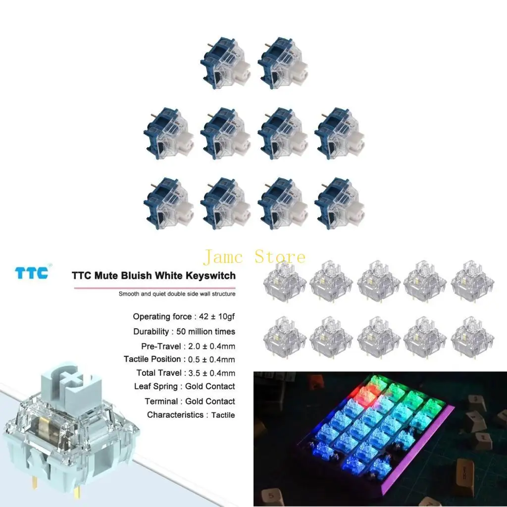 

LX0B TTCs Silence Bluish White V2V3 Switches 3Pin Silence for Mechanical Keyboards Mute 2 Gold Plateds Spring Axises