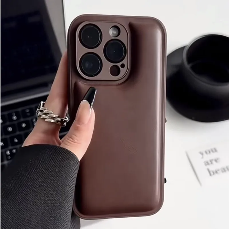 Luxury Chic 3D Bread Jacket Leather Silicone Phone Case For iphone 16 15 14 13 12 11 Pro MAX Shockproof Coffee Brown Back Cover