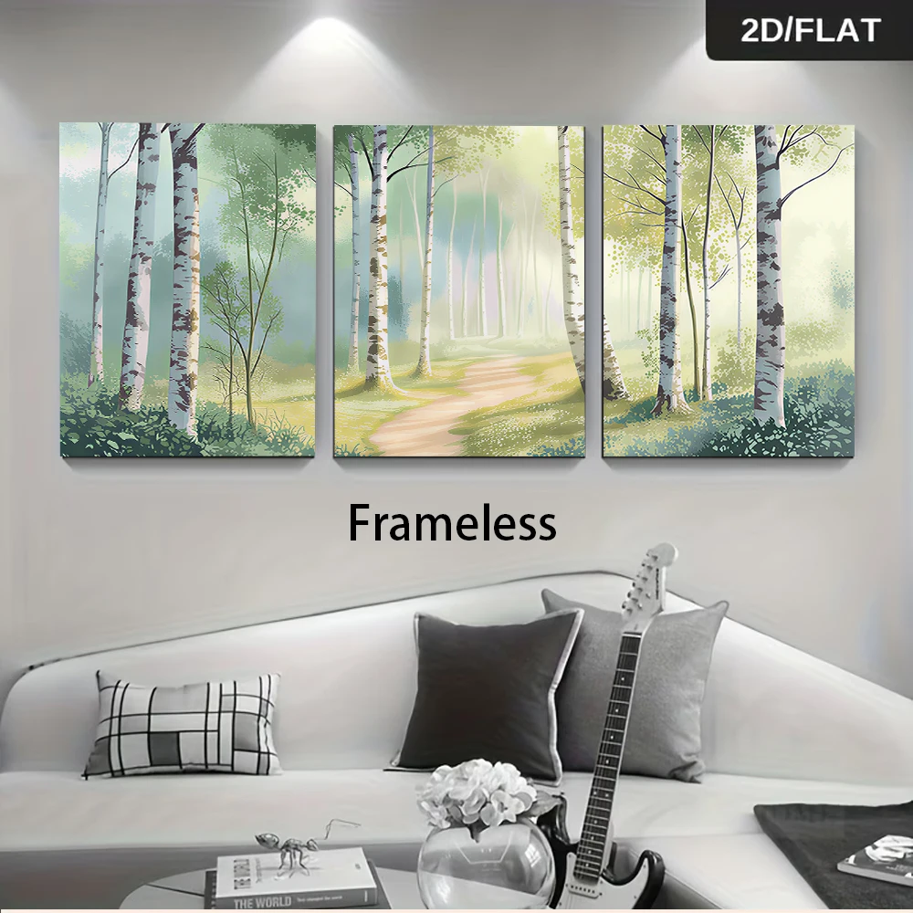 1 Satz Naturwald-Dekorationsbilder im Triptychon-Stil für Wohnzimmer, Schlafzimmer, Sofawand, rahmenlose dekorative Malerei, 2D-Plan
