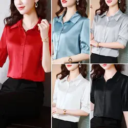 Casual Solid Color Solid Color Blouse Women Classic Short Sleeve Thin Office Polo Collar Career All-match Lady Chiffon Shirt