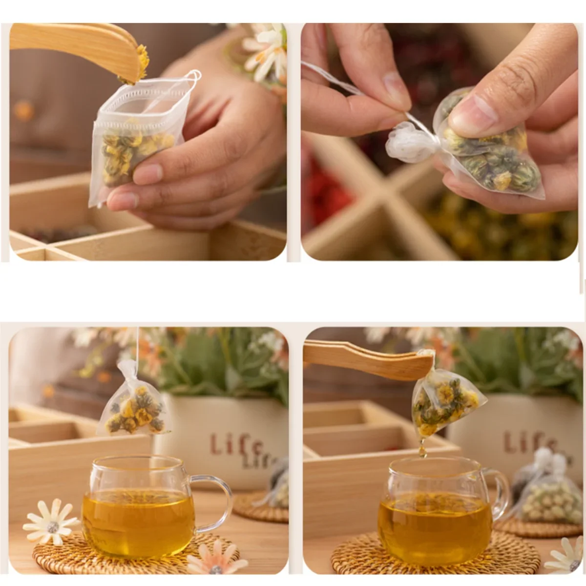 100pcs Tea Bags Nylon Food Grade Empty Scented Tea Filter Bags Infuser with String Seal Heal Teabags for Herb Loose Leaf