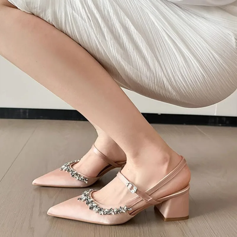 Women's Sandals French Style Temperament Pointed Thick Heeled Sandals Luxury Silk Satin Rhinestones Banquet Party Dress Sandals