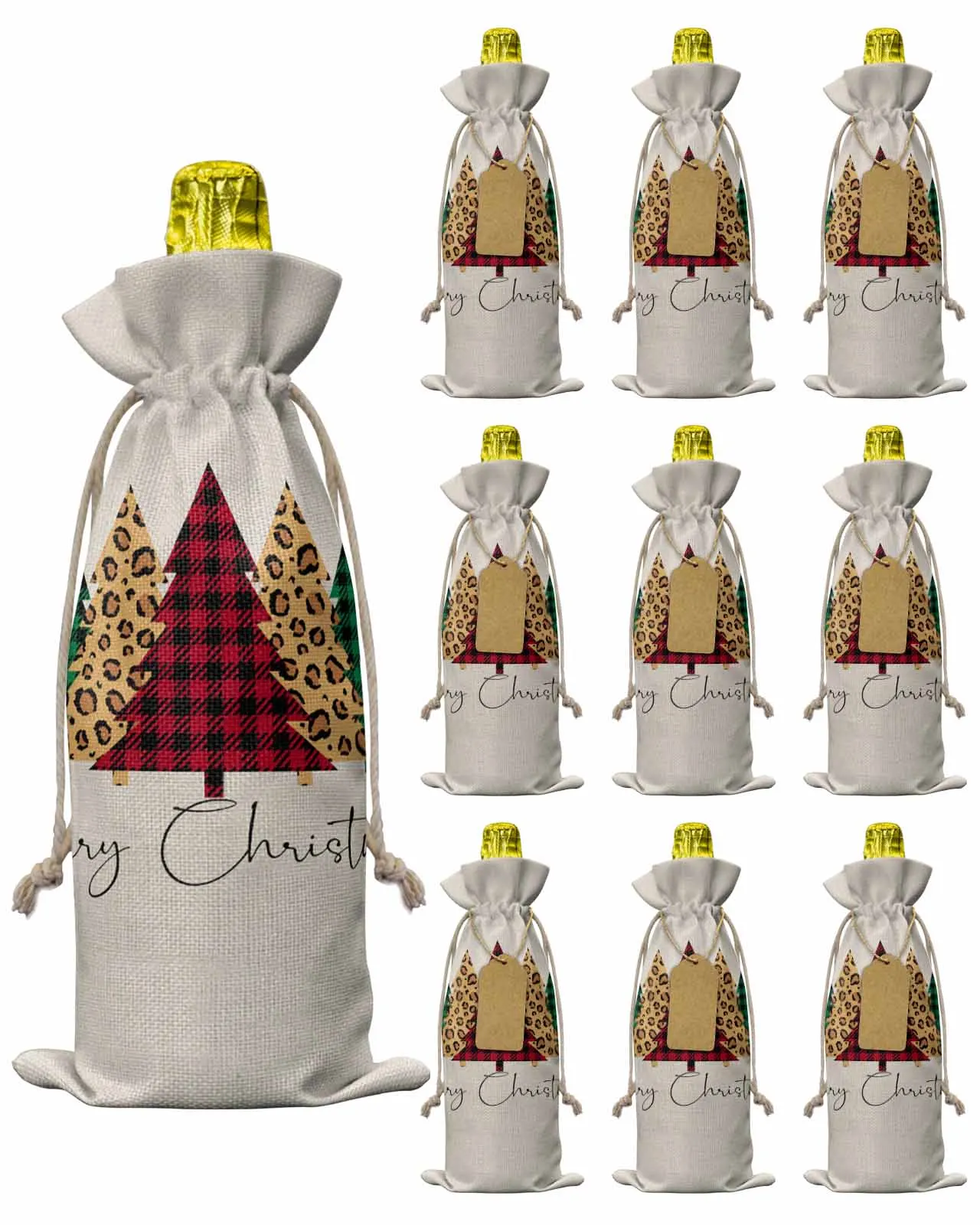 10pcs Beige Linen Background Christmas Tree ChristmasWine Bottle Bag with Drawstring Festive Party Decor Wine Bottle Covers Gift