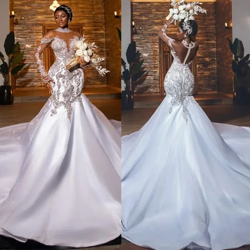 Customized New Plus Size African Mermaid Wedding Dress Bridal Gowns For Bride Illusion High Neck Long Sleeves Beaded Lace