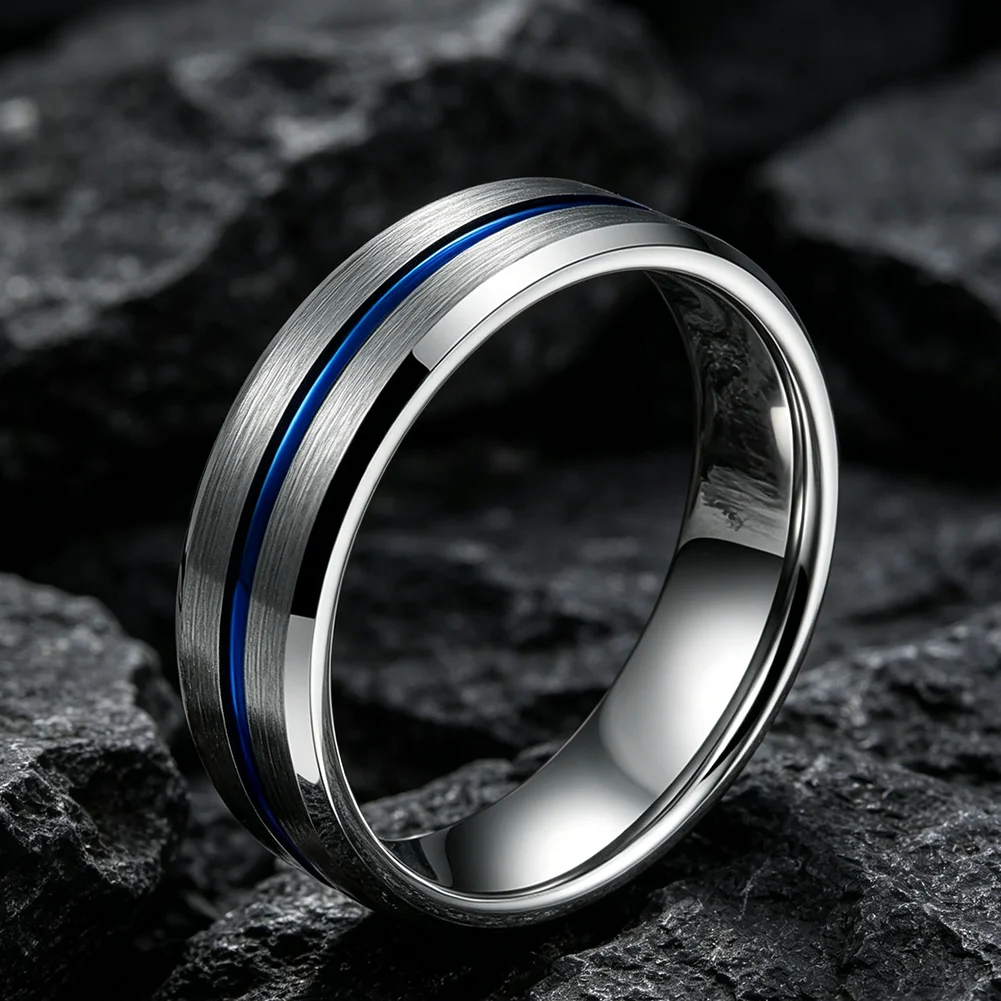 Blauer 4-mm-Ehering aus Wolfram für Männer und Frauen, modische Ringe mit abgeschrägten Kanten, gebürstete Oberfläche, bequeme Passform – Detail 3