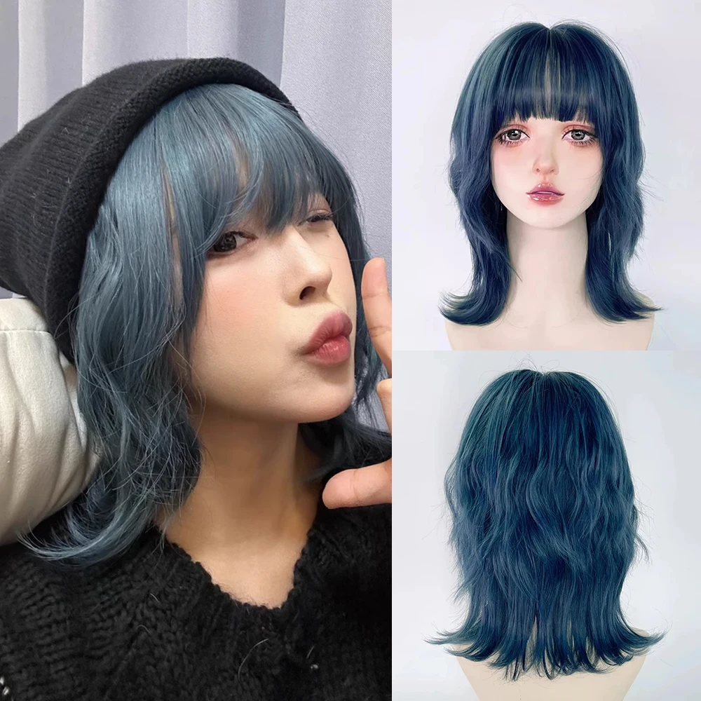 

Blue Mullet Head Synthetic Short Wavy Wig with Bangs Heat Resistant Fluffy Lolita Cosplay Wig for Daily Party
