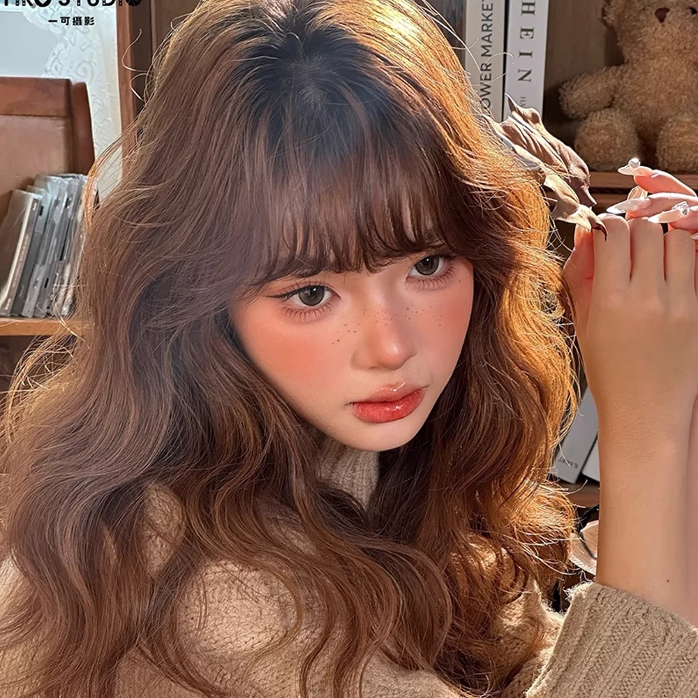 

Синтетические длинные волнистые коричневые женские парики с челкой, пушистый термостойкий парик Лолиты для косплея для повседневной вечеринки