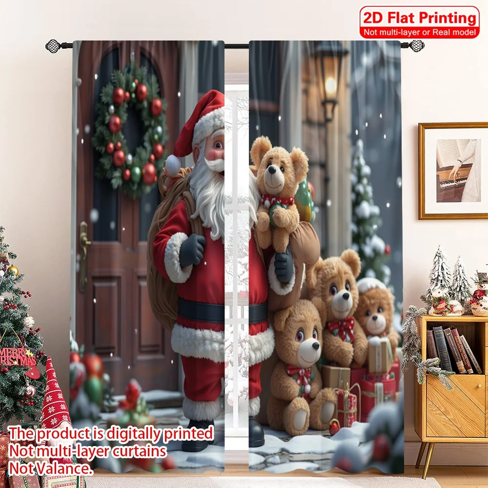 

2pcs 2D flat printing Christmas Window Drapes Santa Claus Teddy Bears Gifts Polyester Without Electricity Birthday Party for