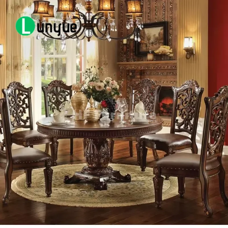 Vintage Round Wooden Dining Table Set with American Style Pull Out Chairs Solid Wood Farmhouse Kitchen Furniture Space Saving