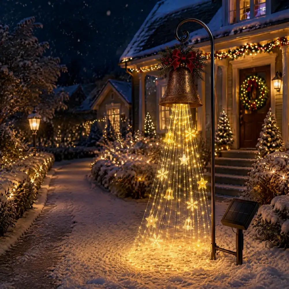 Seasonal Porch Decorations Solar Christmas Bell Waterfall Light Led Metal Garden Stake with Ribbon Waterproof Outdoor for Yard