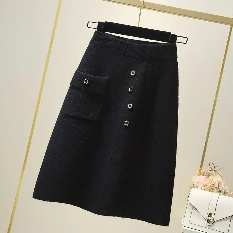Automne hiver bureau dame simplicité poche taille élastique a-ligne jupe dames Vintage boutons jupe mince femmes vêtements jupes