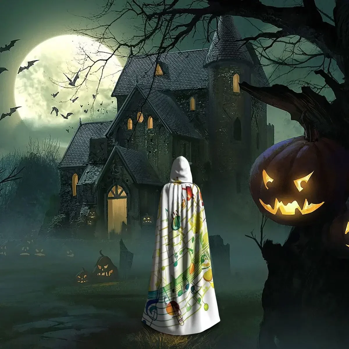 Customization Abstract Piano Keys With Musical Notes Long Hooded Cloak Witch Medieval Costume Cosplay Cape HalloweenCoat Adult U - view 5