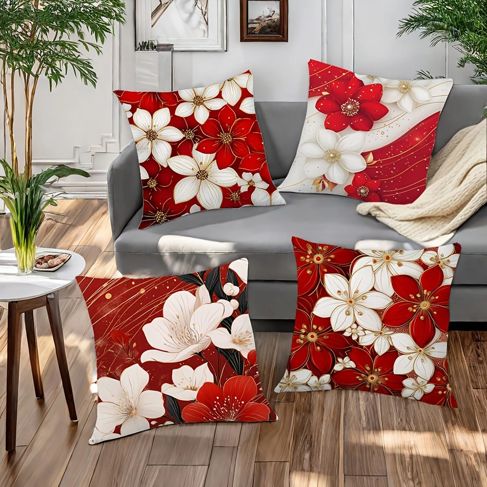 

4 шт. современная наволочка с цветочным принтом и красными и белыми цветами, декоративная наволочка для дивана для спальни с молнией, мягкая наволочка