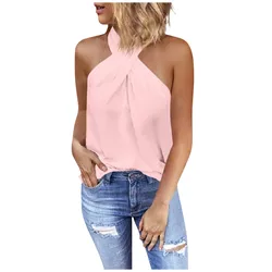 Women'S Casual Slim Zipper Hanging Neck Solid Color Sleeveless Stitching Top Traf 2024 Mujer Sleeveless T-Shirt Ropa De Mujer