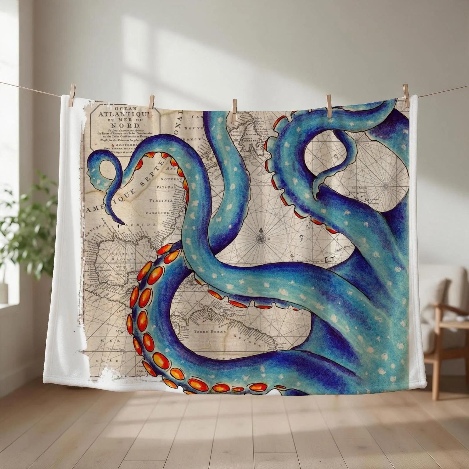 Tentacles Vintage Map Octopus Kraken Shabby Chic Beach Throw Blanket Luxury Thermal For Decorative Sofa Soft Beds Blankets
