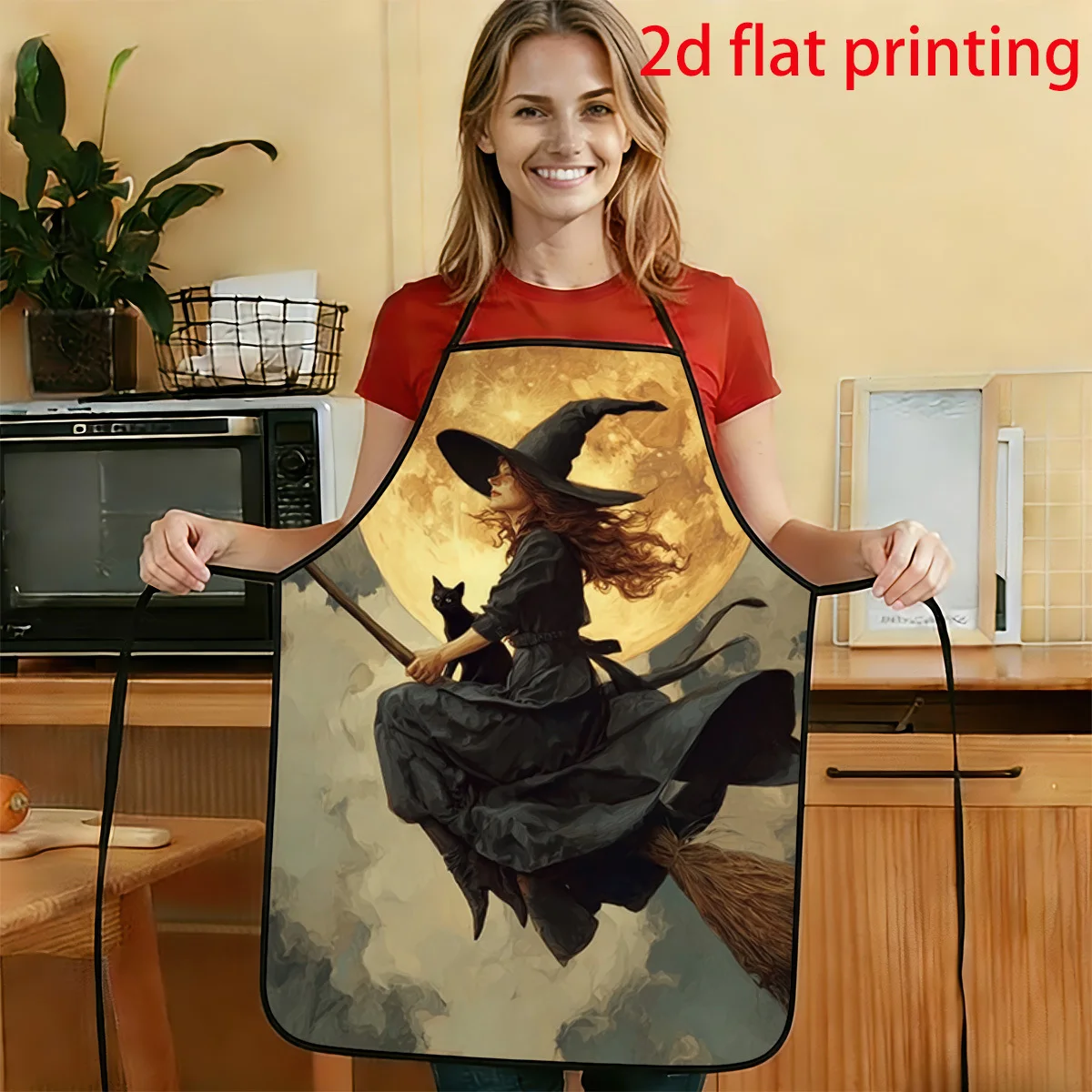 1pc 2D Flat Moonlit Night Witch Journey Printed Pattern Apron Durable And Easy To Clean Adjustable Waistband Available In Two Si