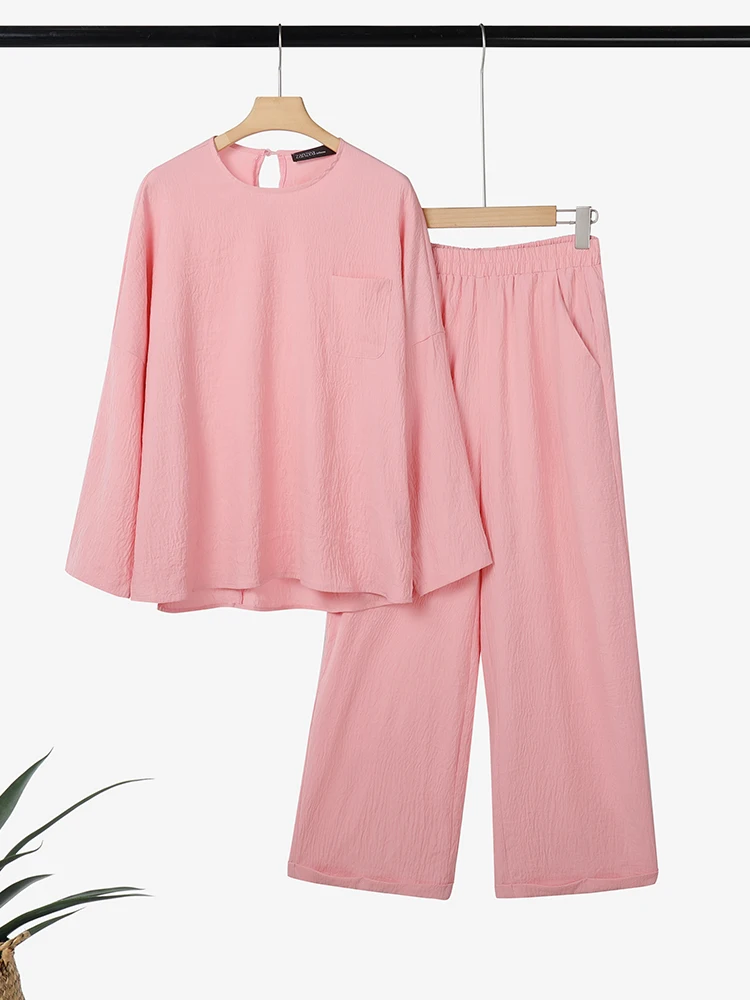 

2025 Повседневные топы с круглым вырезом и длинными рукавами, комплекты брюк ZANZEA, стильный осенний комплект из 2 предметов, женский наряд, однотонный свободный спортивный костюм оверсайз