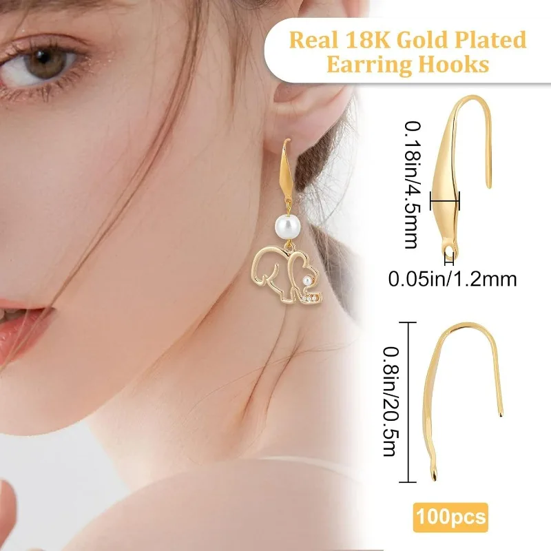 100Pcs/Box 18K Gold Plated 316 Stainless Steel Earring Hooks Large French Fish Hooks Ear Wires with Hole for DIY Earring Making