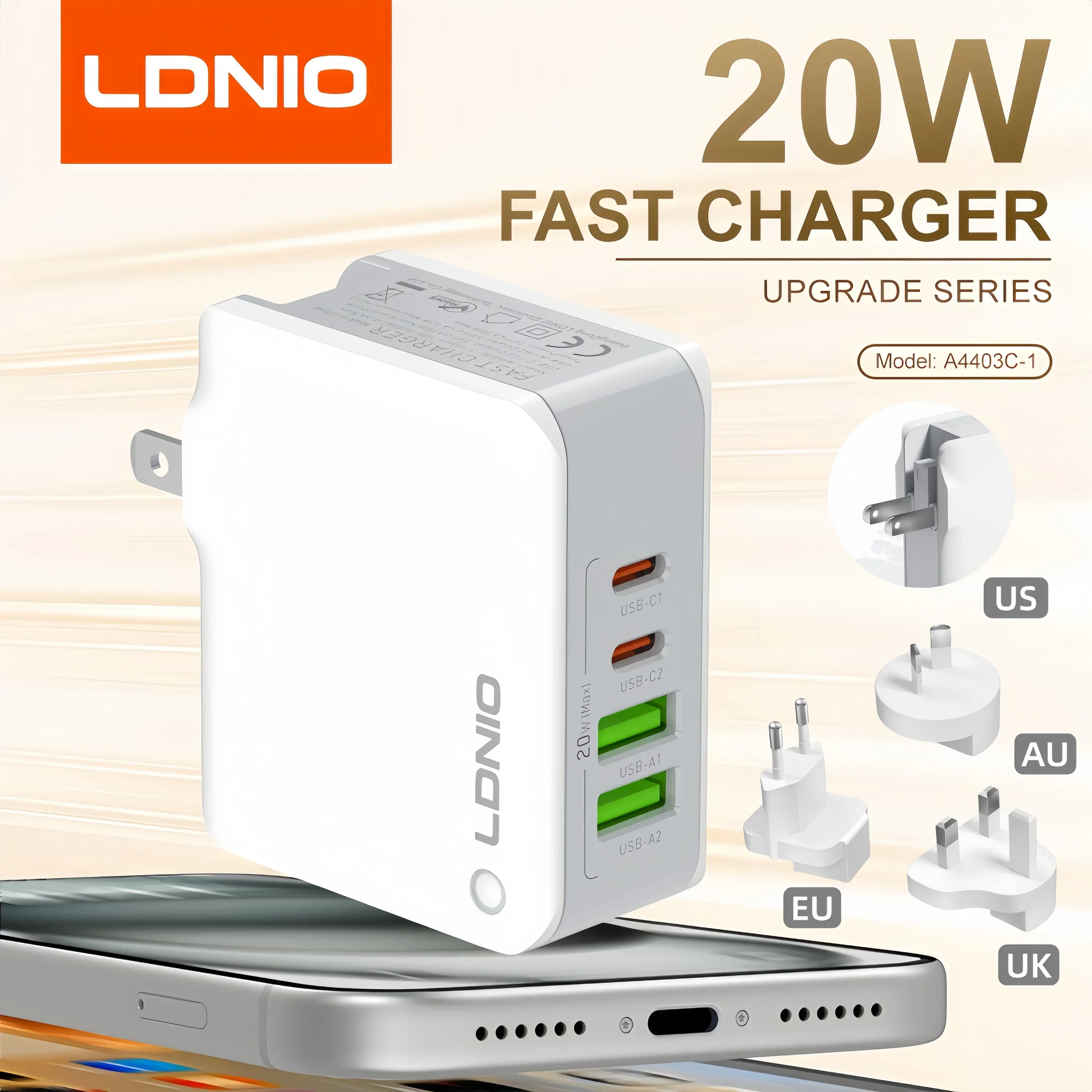 LDNIO Fast Charger Type C USB 4-Port Wall Charger EU UK AU US Conversion Plug Travel Adapter for iPhone Samsung Global Voltage