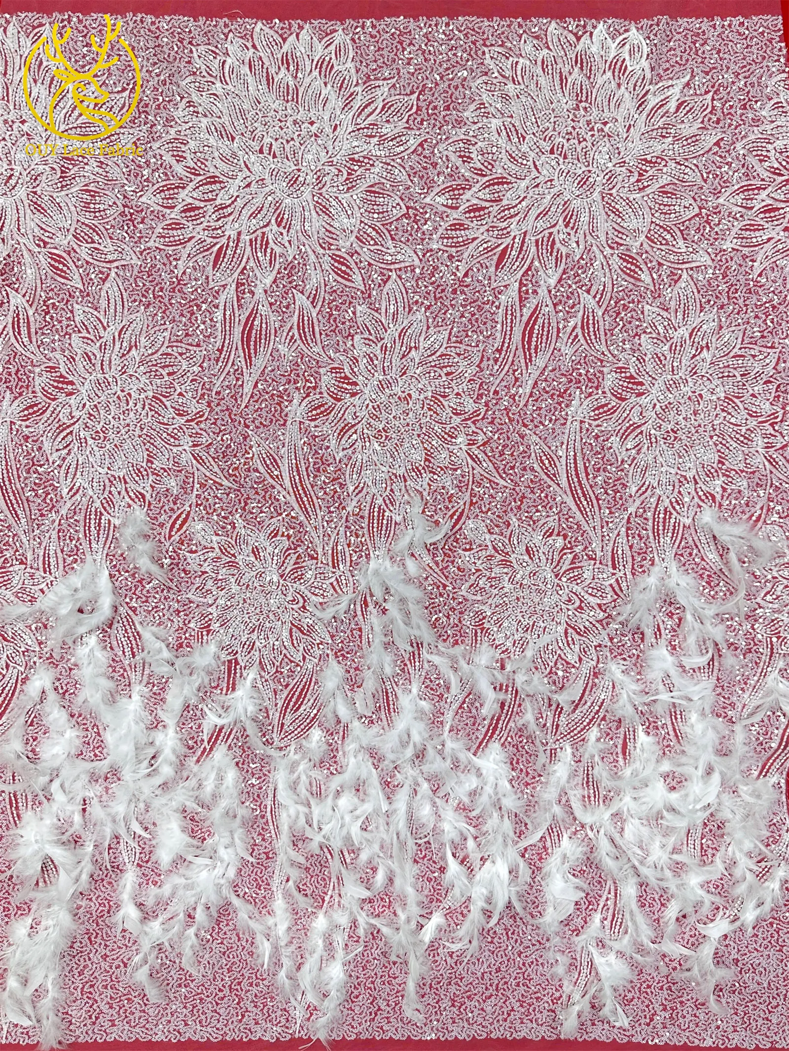 3D High-End Luxus Feder-Stickerei Perlenbesetzter Afrikanischer Spitzenstoff 2026 Nigerianische Französische Pailletten-Spitze für Hochzeitskleider zum Nähen – Detail 9