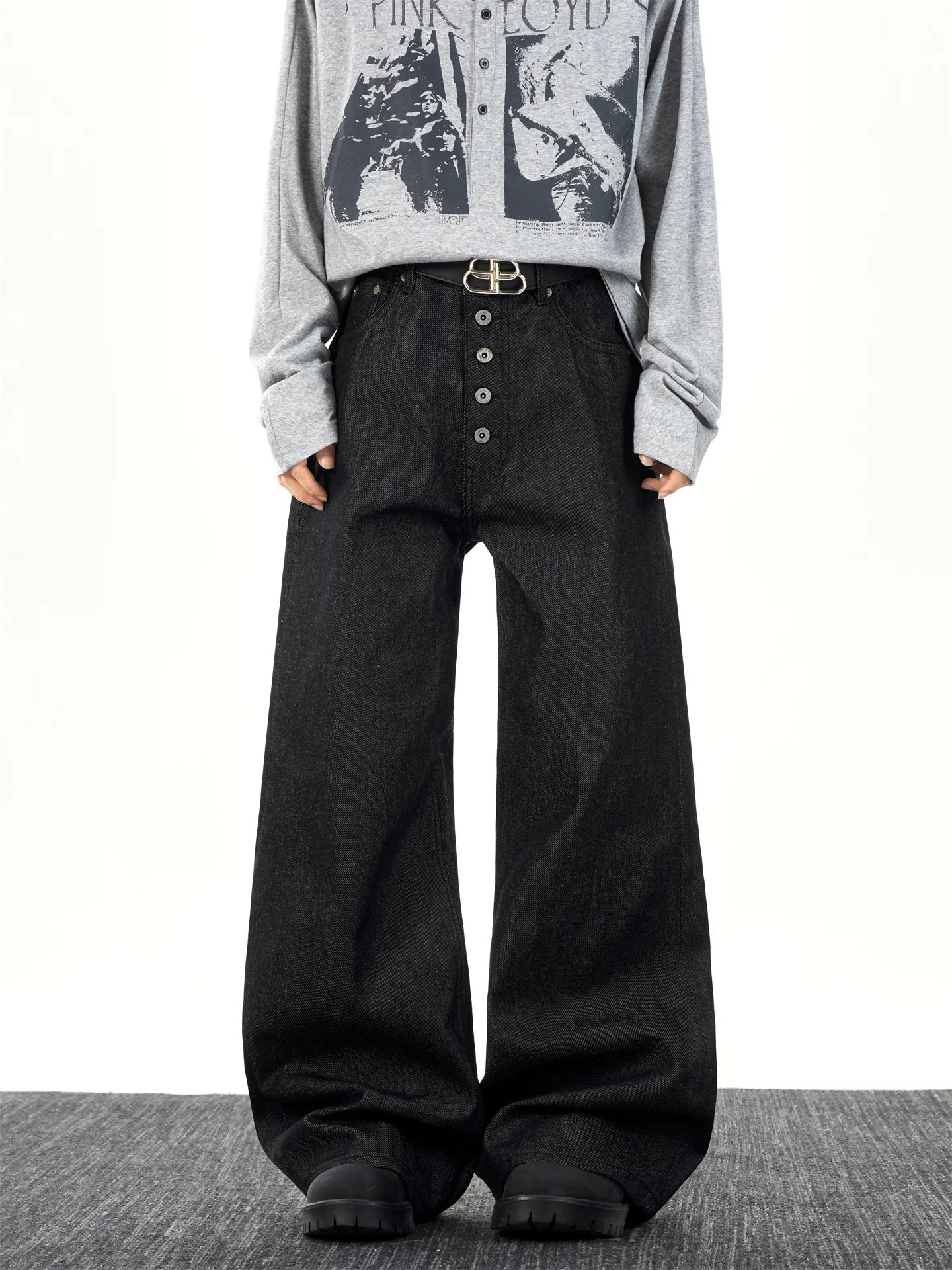 

Black Buttoned Knife Wide Leg Jeans Men's Trendy Vintage Cleanfit Straight Casual Floor Length Pants Youth Popular