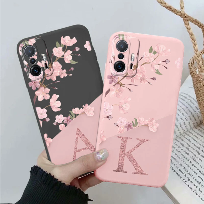 For Xiaomi Mi 11T Pro Mi11T Pro Cover Case Cute Pink Flowers Initial Letter A Z Coque Soft TPU Capa Fundas For Xiaomi Mi 11T Pro